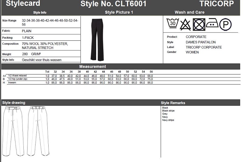 Maattabel voor Dames Pantalon Tricorp CLT6001
